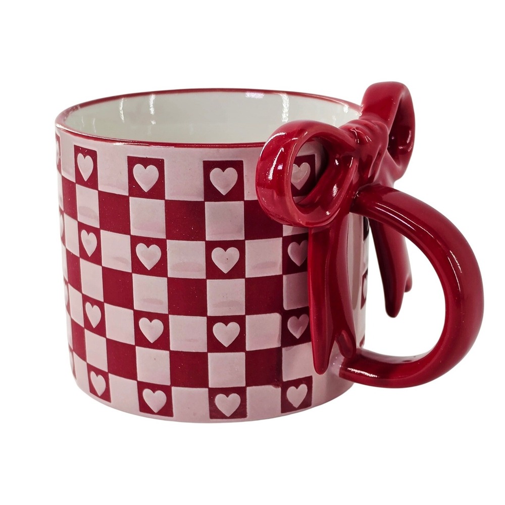 Red Pink Checkered Heart Mug with 3D Bow Handle Valentines Day Coffee Cup